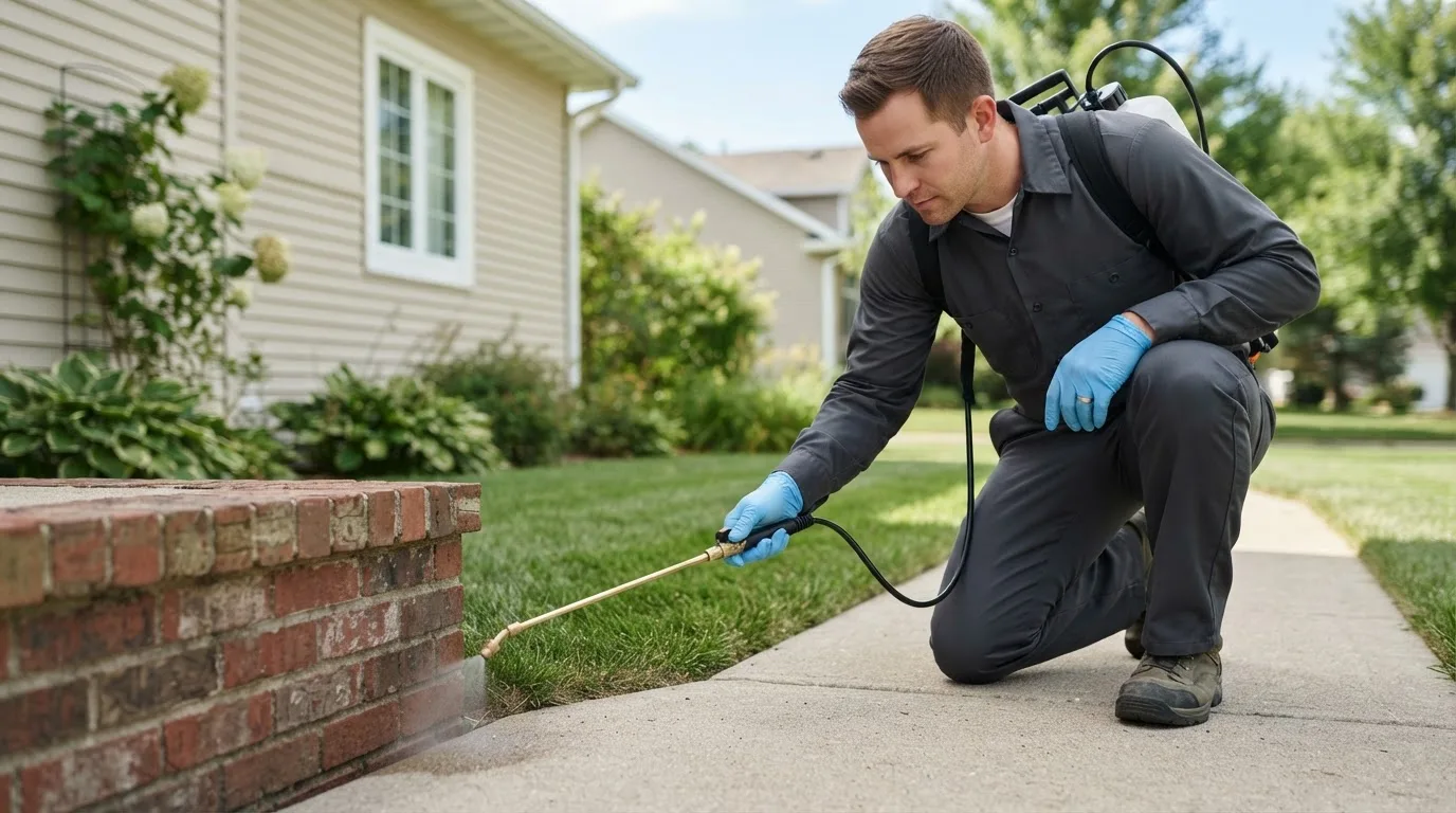 Pest control technician treating a home near Kidder, MO